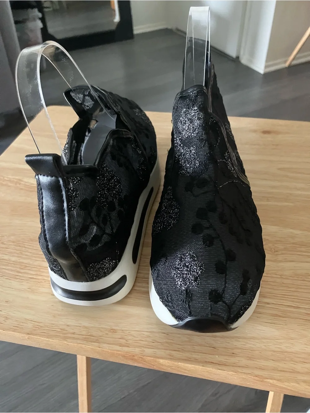 Black Lace Platform Slip-On Wedge Sneakers